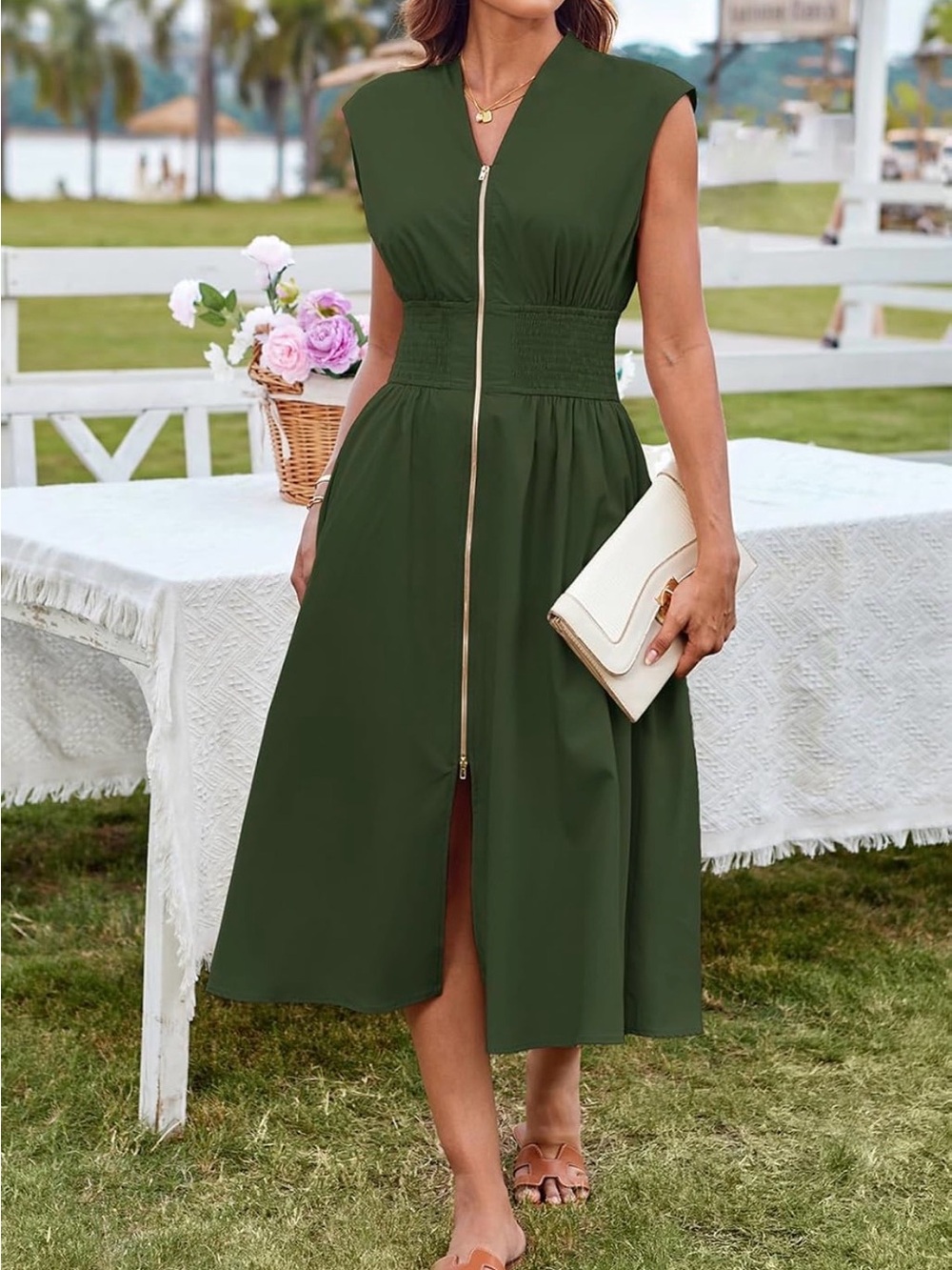 Grace Karin Olive Green Zip-Front Midi Dress